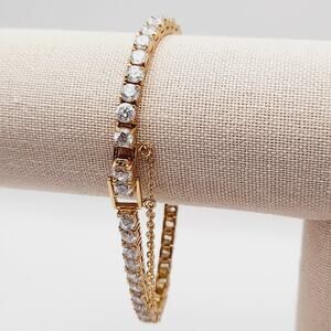 Vintage CZ Clear Rhinestone Tennis Bracelet - 7 1/4 Inches - RS Fold Over Clasp